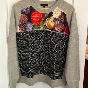 J.Crew Size L 100% Merino Wool Grey Floral Print sweater